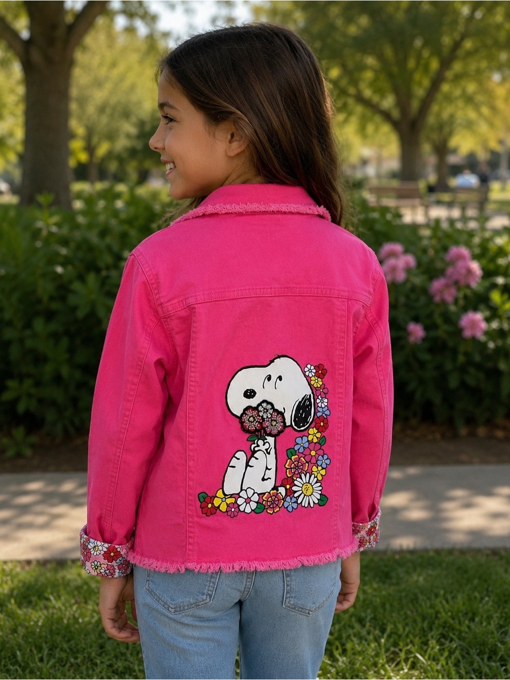 Girls' Hot Pink Denim Jacket Size 10 with Woodstock & Snoopy Patches.